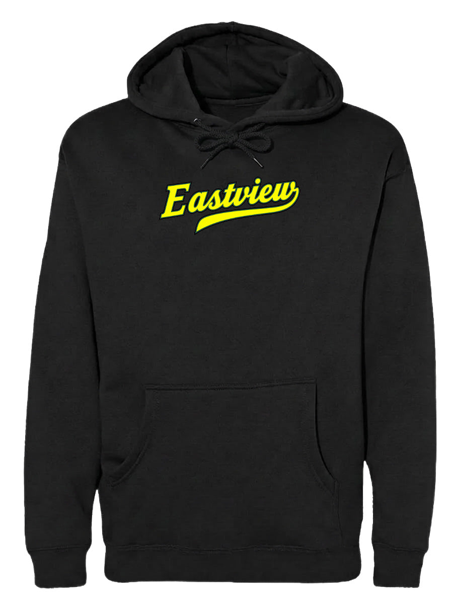 A black hoodie with the word "Eastview" printed in yellow on the front.