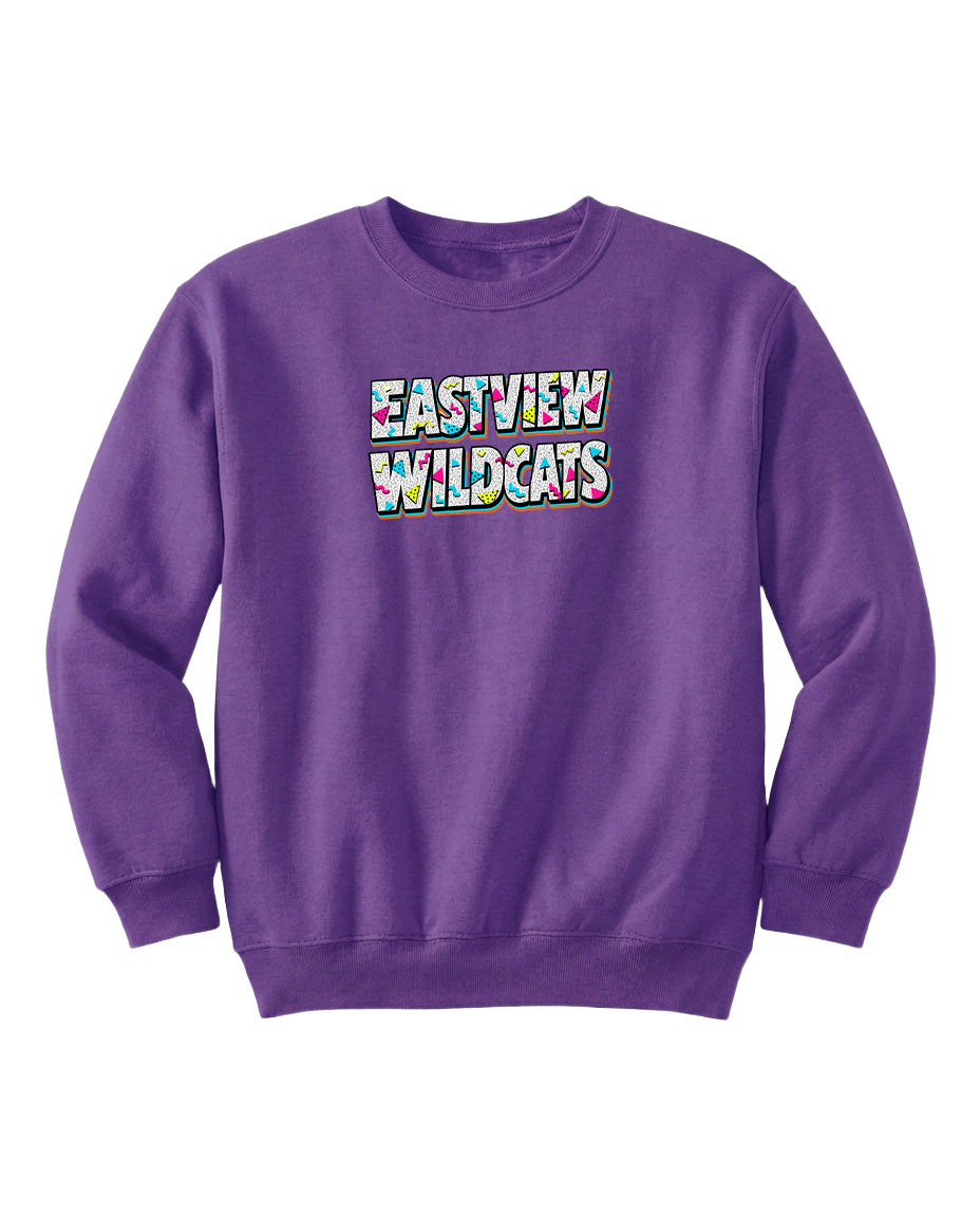 A purple sweatshirt with the text "EASTVIEW WILDCATS" printed on it.