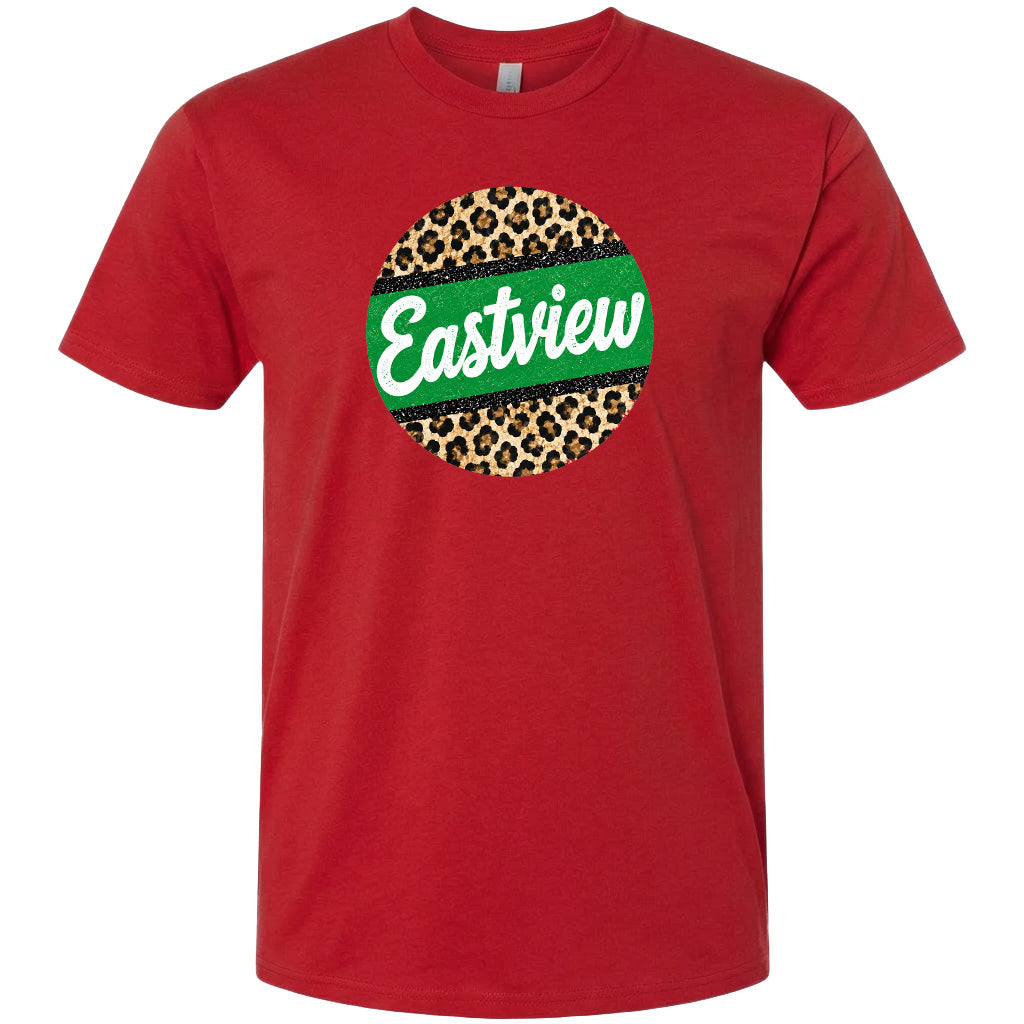 A red t-shirt with a circular design featuring a leopard print pattern and the word "Eastview" written in white text.