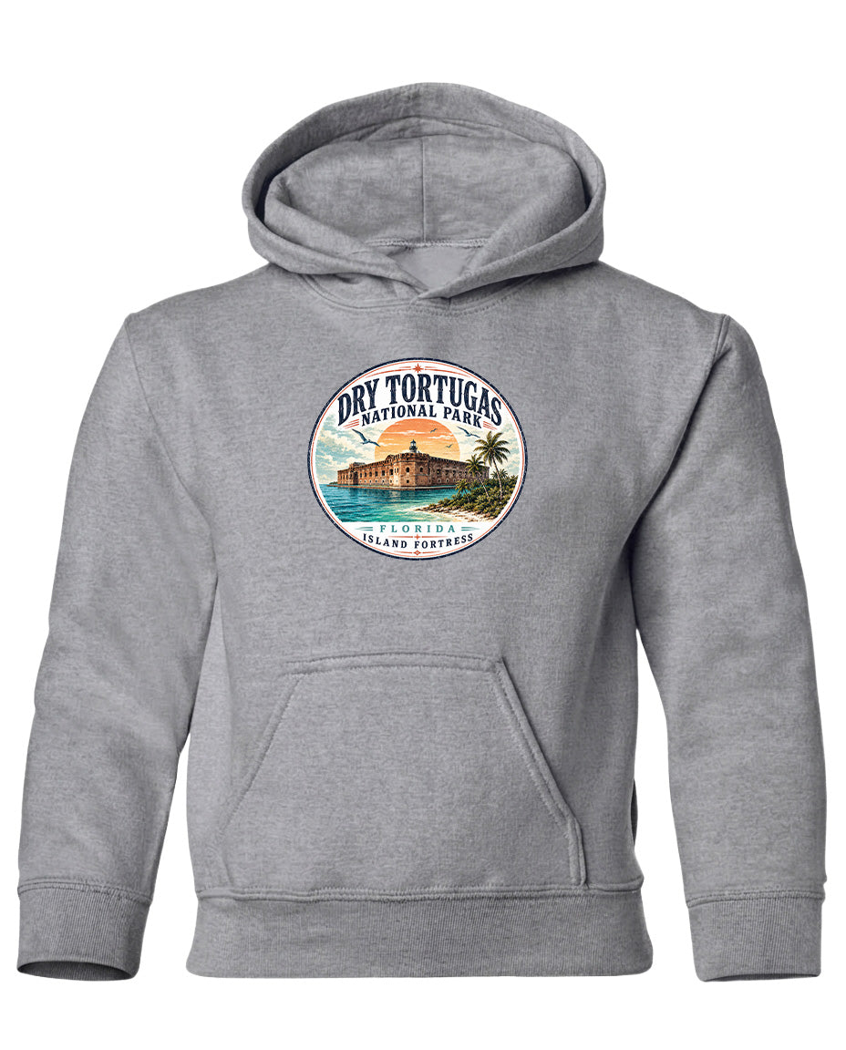 A gray hoodie with a circular logo featuring a tropical island and palm trees, along with the text "Dry Tortugas National Park, Florida Island, Port St. Lucie".