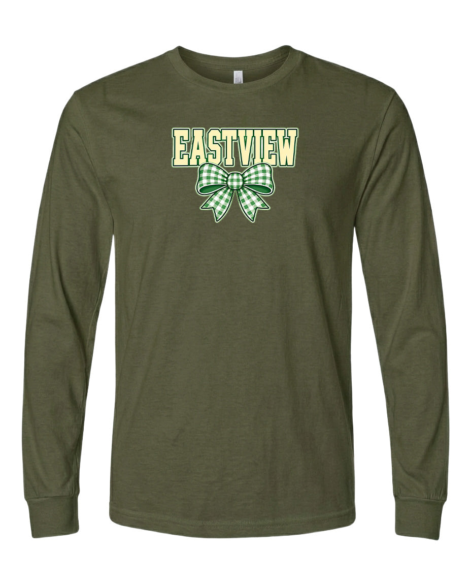A dark green long-sleeved t-shirt with a graphic design on the front.