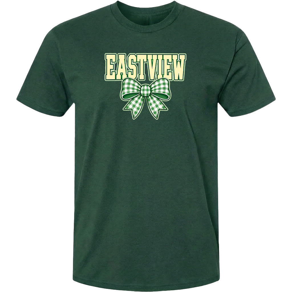 A dark green t-shirt with a bow and the word "EASTVIEW" printed on it.