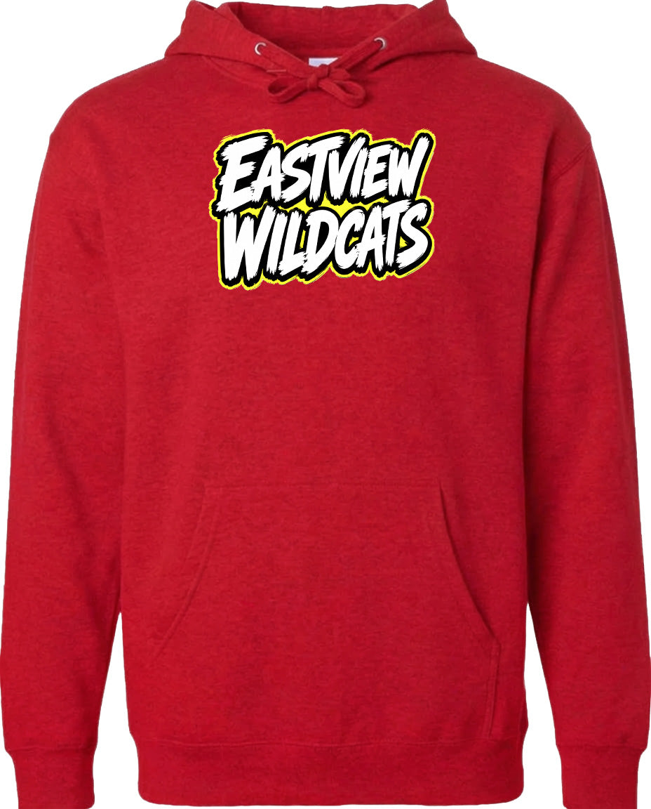 A red hoodie with the text "EASTVIEW WILDCATS" printed on it.