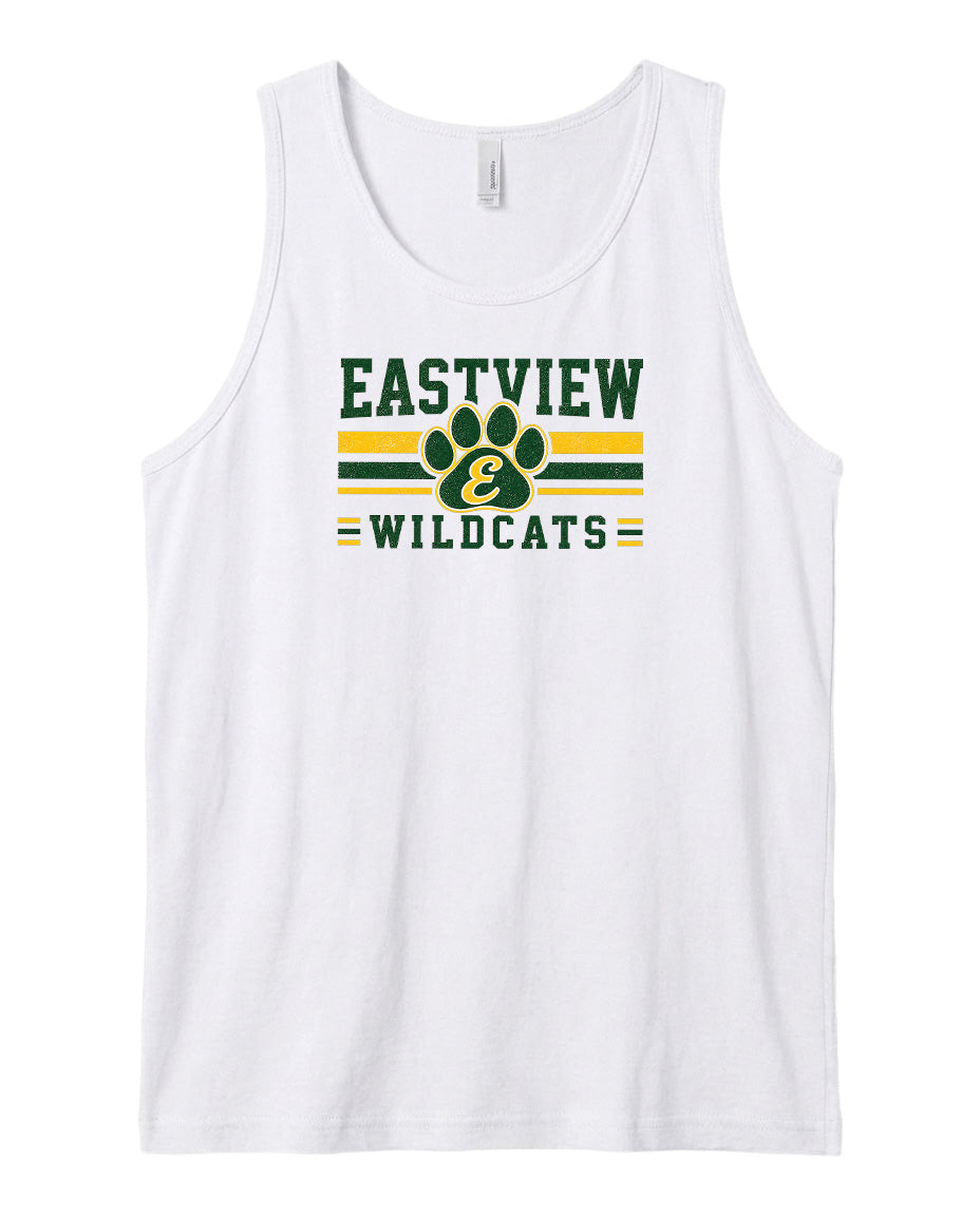 A white tank top with a graphic design featuring the text "EASTVIEW WILDCATS" and a paw print logo.