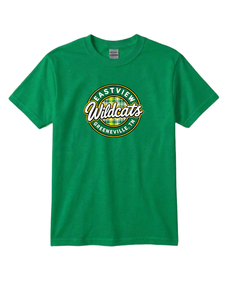 A green t-shirt with a circular logo that says "Eastview Wildcats Greeneville, TN".