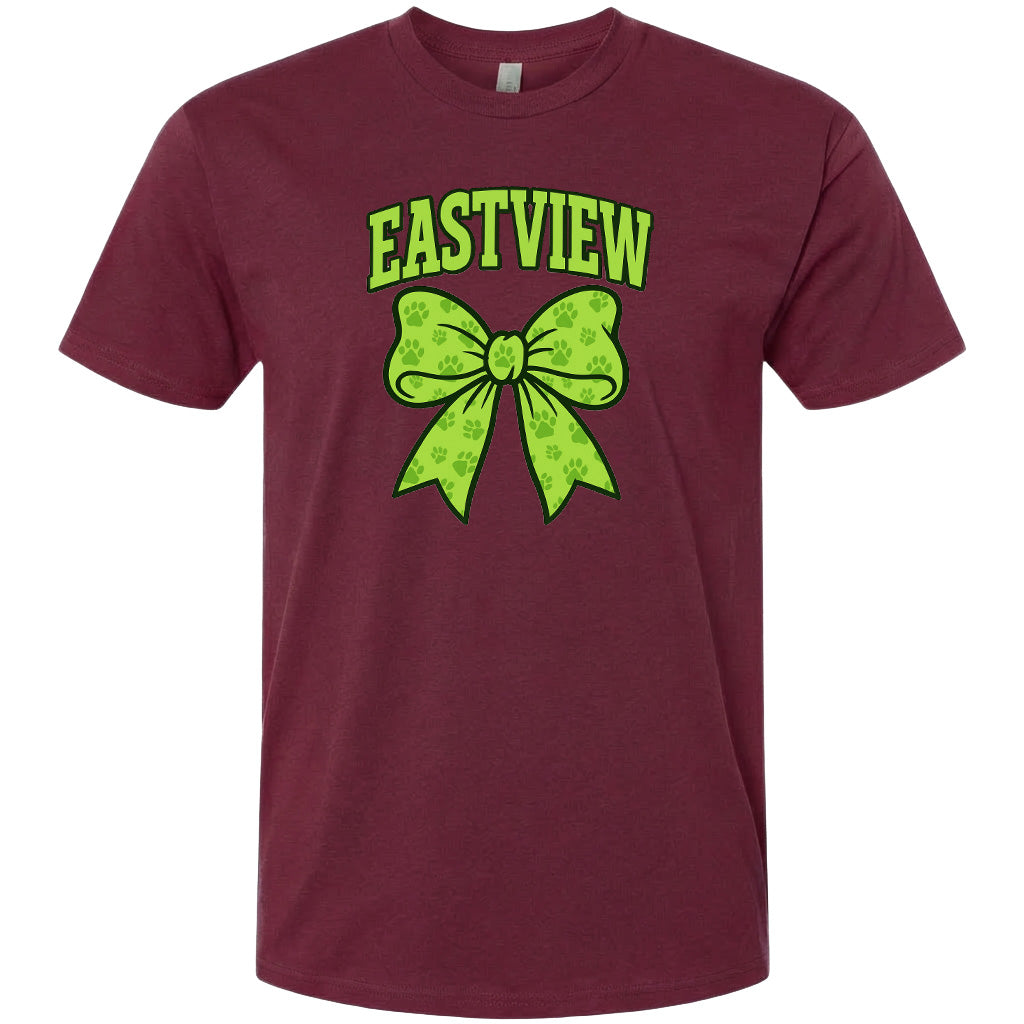 A burgundy-colored t-shirt with a graphic design featuring a green bow and the text "EASTVIEW" in yellow.