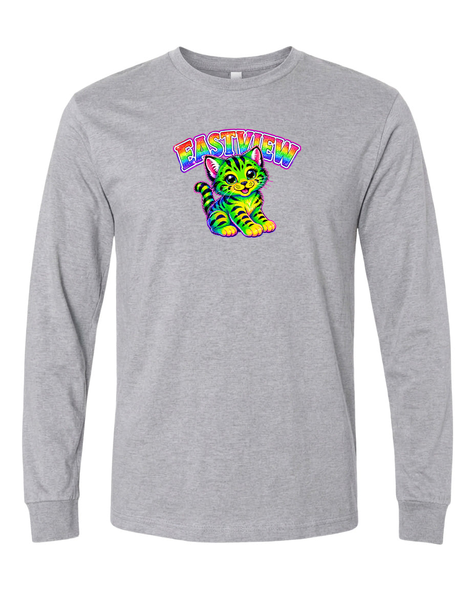 A gray long-sleeved t-shirt with a colorful graphic of a cat and the text "EASTVIEW" printed on it.