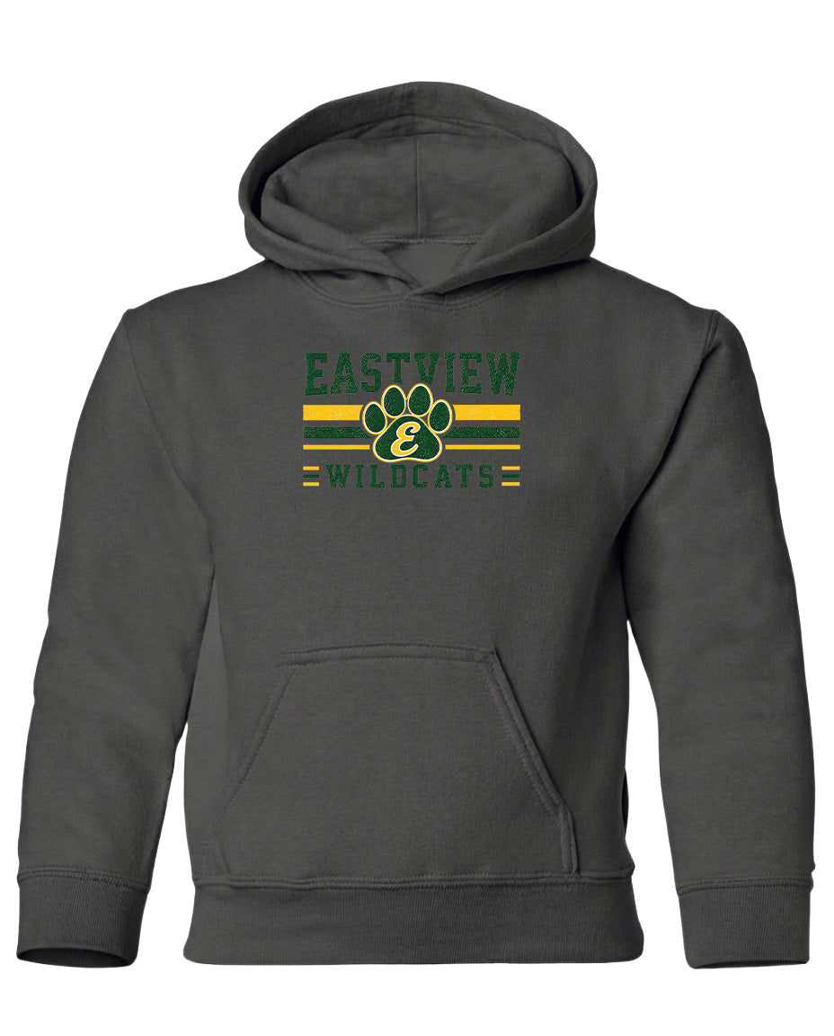 A gray hoodie with a graphic design featuring a paw print and the text "EASTVIEW WILDCATS" printed on it.