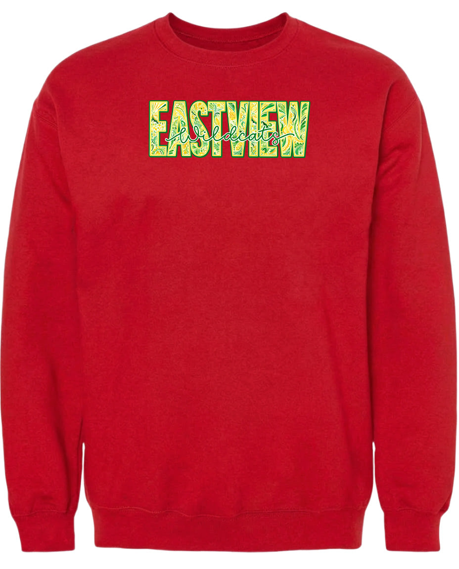 A red sweatshirt with the word "EASTVIEW" printed on it in a stylized font.