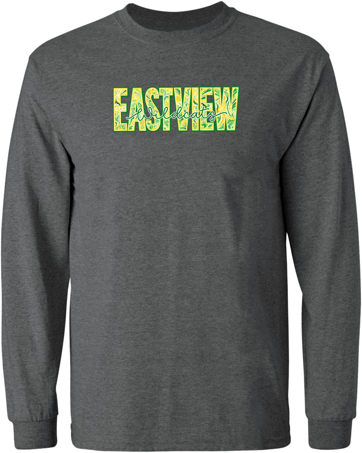 A gray long-sleeved shirt with the word "EASTVIEW" printed in a stylized font across the chest area.