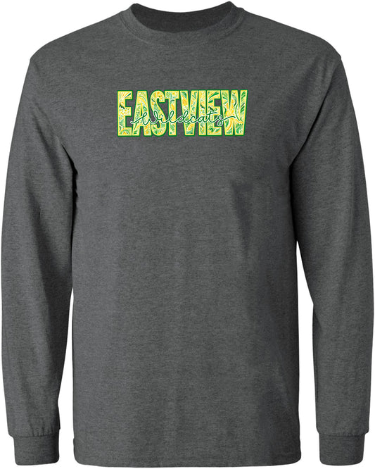 A gray long-sleeved shirt with the word "EASTVIEW" printed in a stylized font across the chest area.