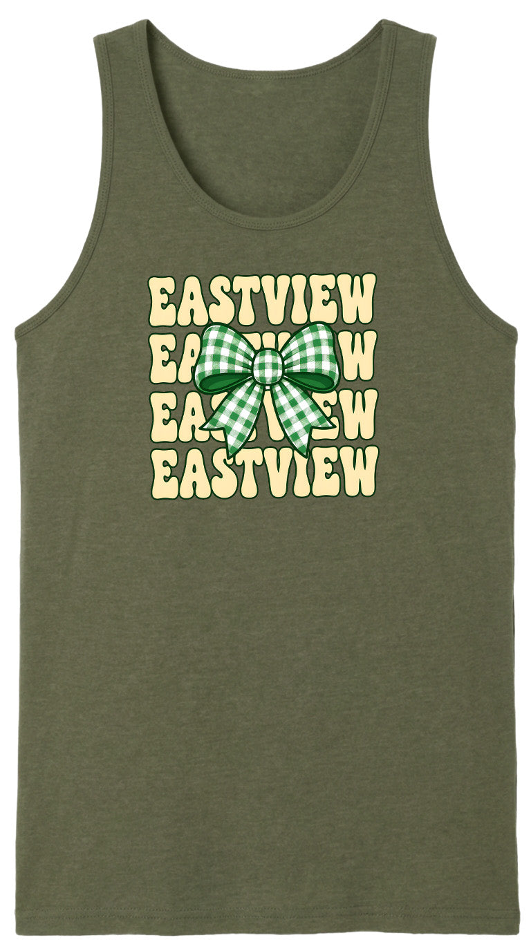 A green tank top with a bow and the text "EASTVIEW" printed on it.