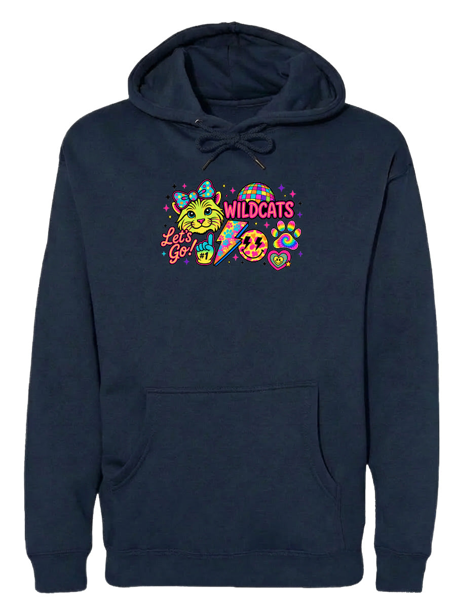 A navy blue hoodie with a colorful graphic design featuring a cat and the text "Wildcats" along with other whimsical elements.