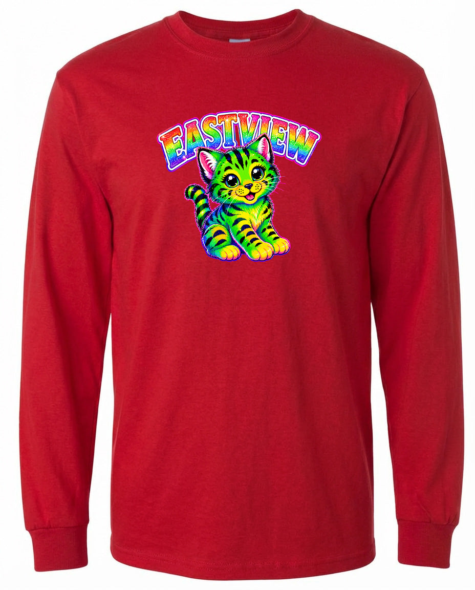 A red long-sleeved t-shirt with a colorful graphic of a cat and the text "EASTVIEW" printed on it.