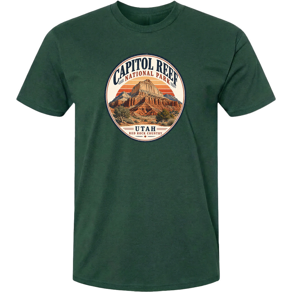 A green t-shirt with a circular graphic design featuring the Capitol Reef National Park in Utah.