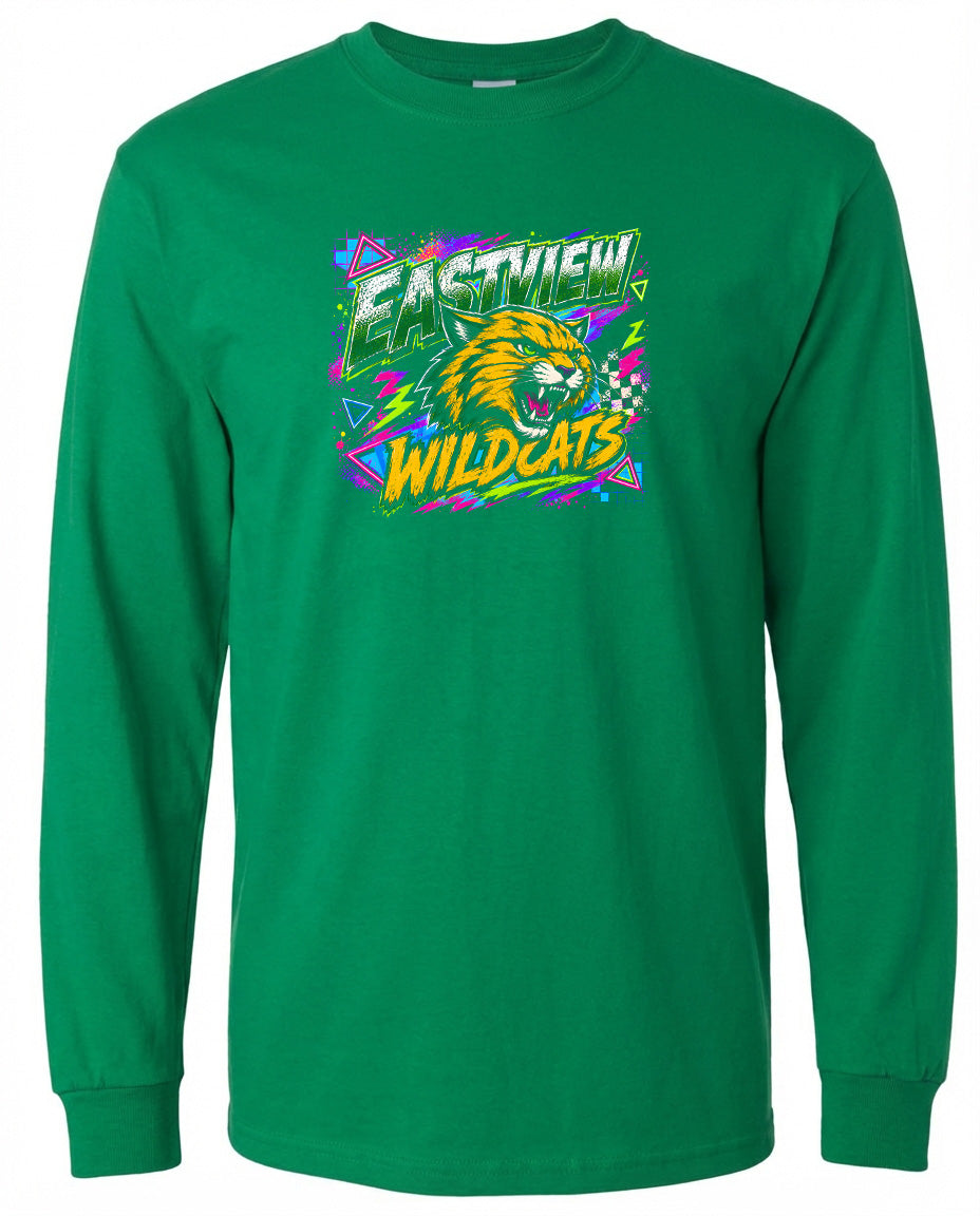 A long-sleeved green t-shirt with a graphic design featuring a fierce-looking cat and the text "EASTVIEW WILDCATS".