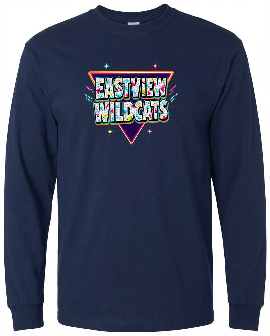 A navy blue long-sleeved shirt with a colorful graphic design featuring the text "EASTVIEW WILDCATS" in a retro style.