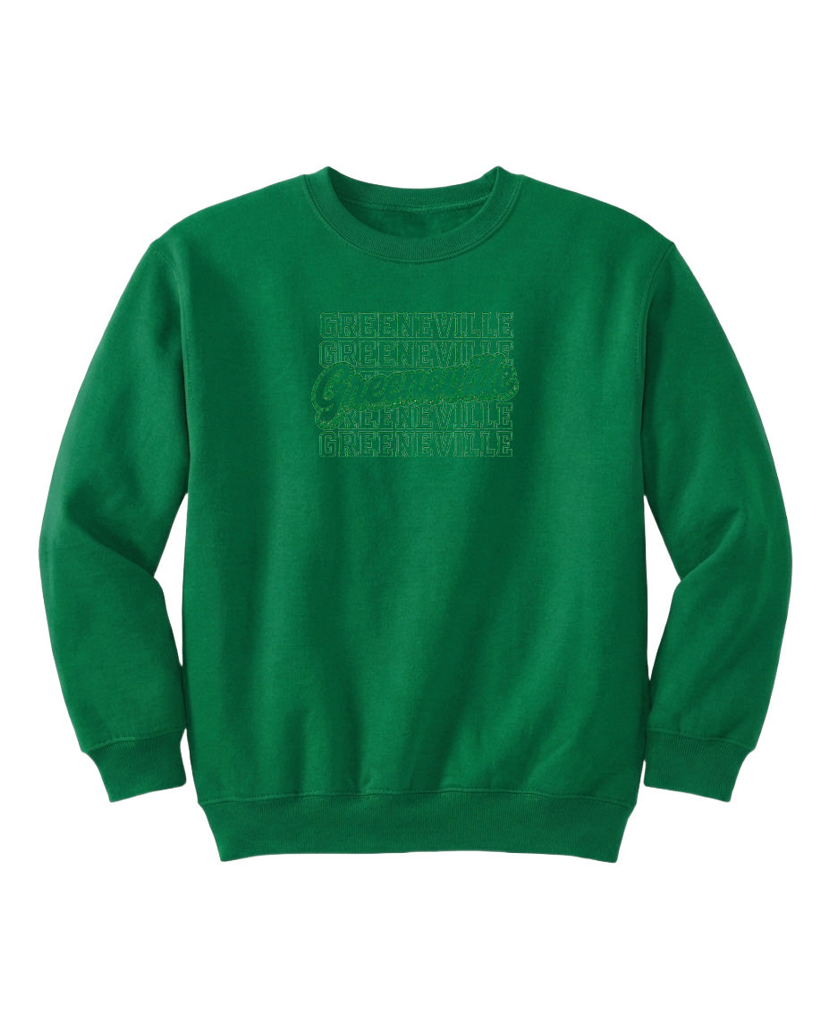A bright green sweatshirt with a repeating pattern of the word "Greenville" across the front.