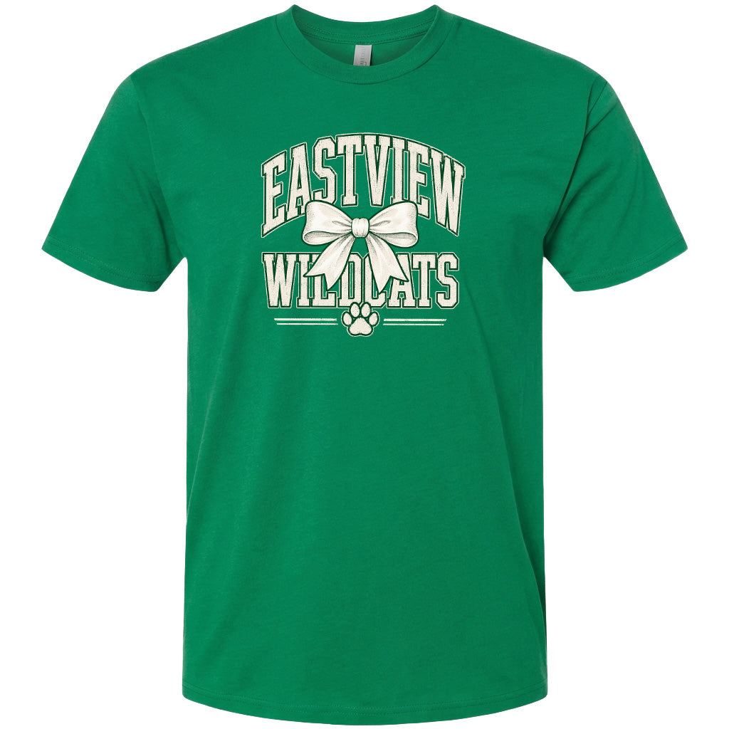 A green t-shirt with white text and a bow graphic printed on it.