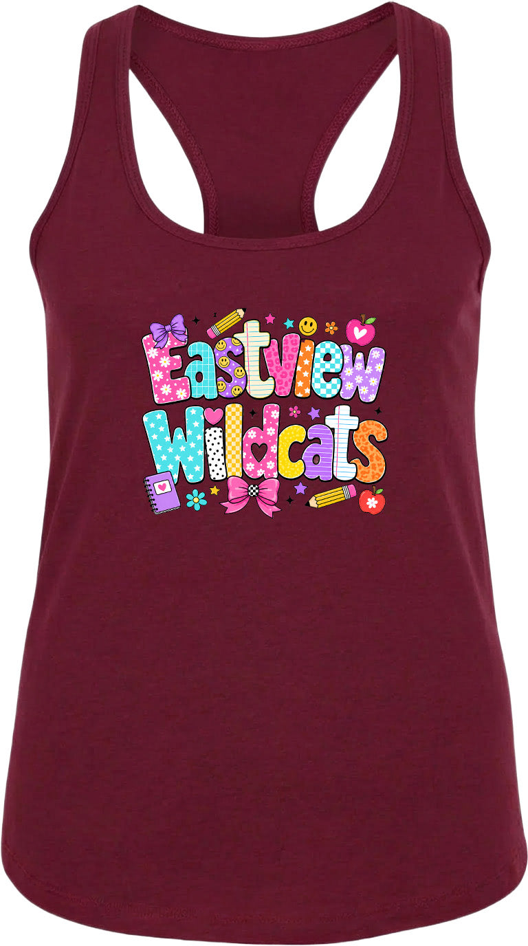 A burgundy tank top with a colorful graphic design featuring the text "Eastview Wildcats" and various decorative elements such as hearts, flowers, and pencils.