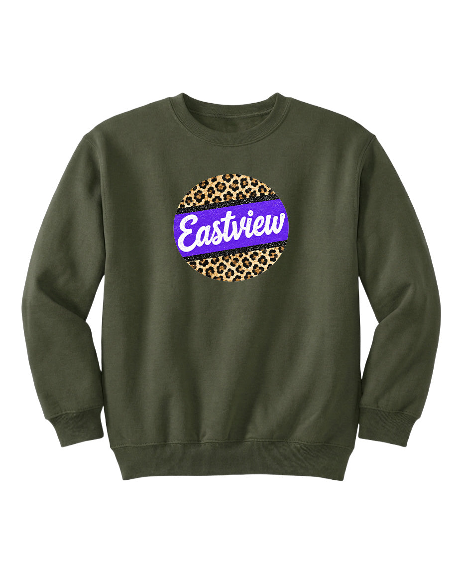 A dark green sweatshirt with a large circular logo on the front. The logo features a leopard print design and the word "Eastview" written in purple text.