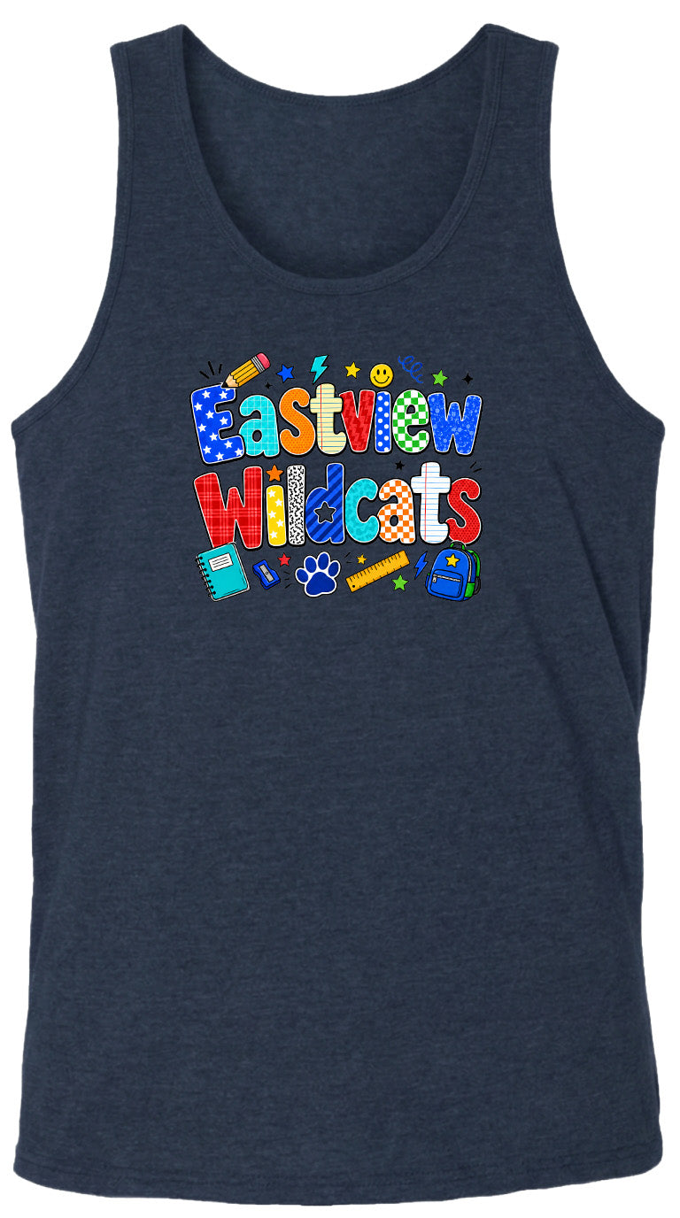 A dark blue tank top with a colorful graphic design featuring the text "Eastview Wildcats" and various school-related icons such as a pencil, backpack, and calculator.