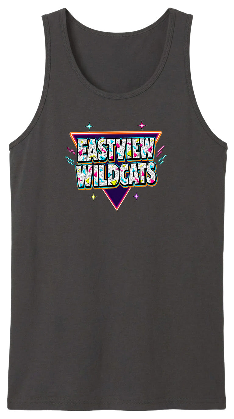 A black tank top with a colorful graphic design featuring the text "EASTVIEW WILDCATS" in a retro style.
