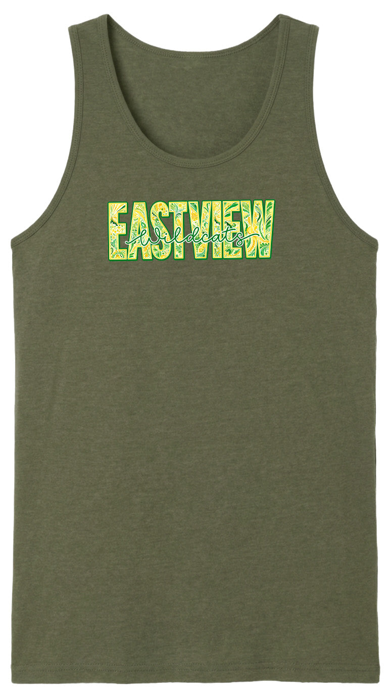 A green tank top with the word "EASTVIEW" printed on it in a stylized font.