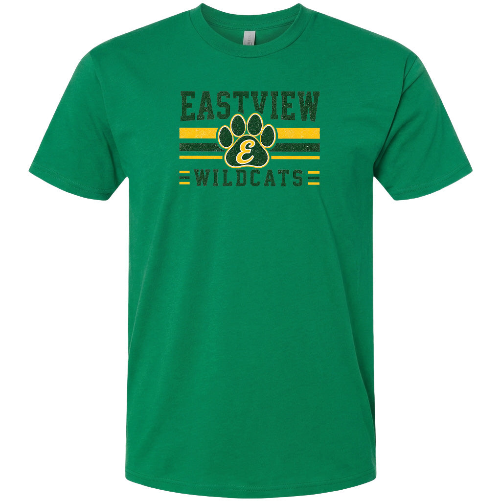 A green t-shirt with a graphic design featuring a paw print and the text "EASTVIEW WILDCATS".