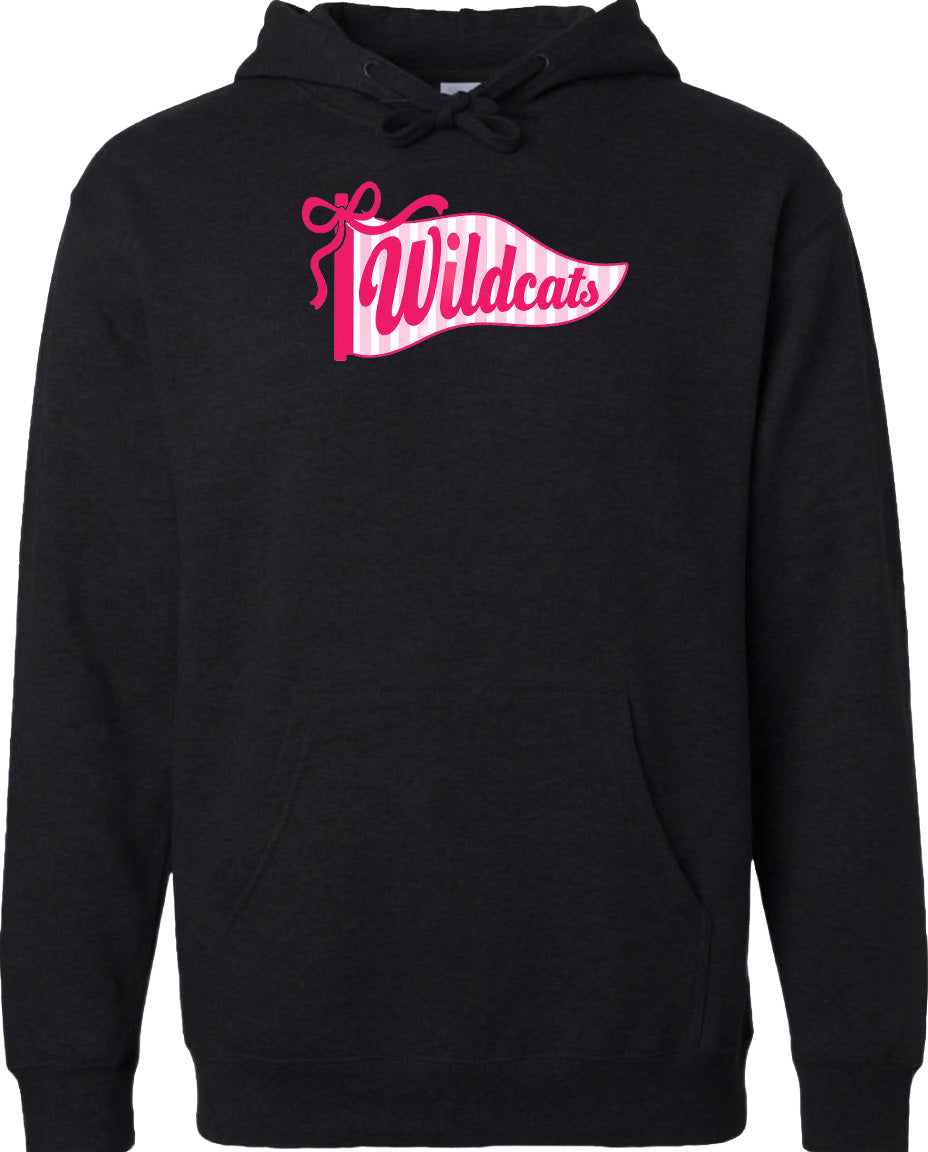 A black hoodie with a pink and white banner that says "Wildcats" on it.