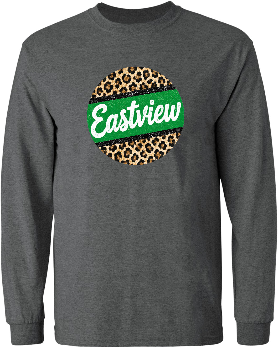 A gray long-sleeved shirt with a circular design on the front featuring a leopard print pattern and the word "Eastview" written in white text.