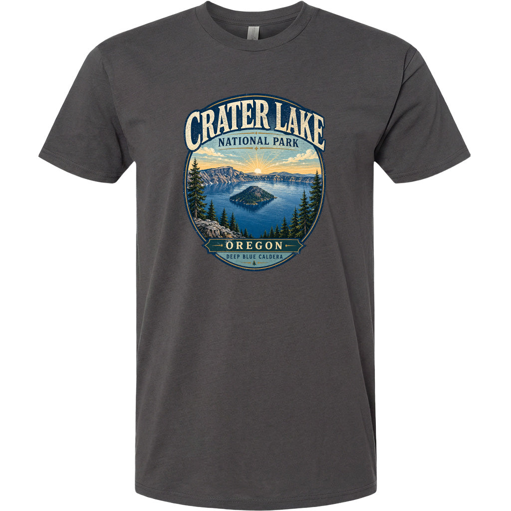 A gray t-shirt with a graphic design depicting Crater Lake National Park in Oregon.