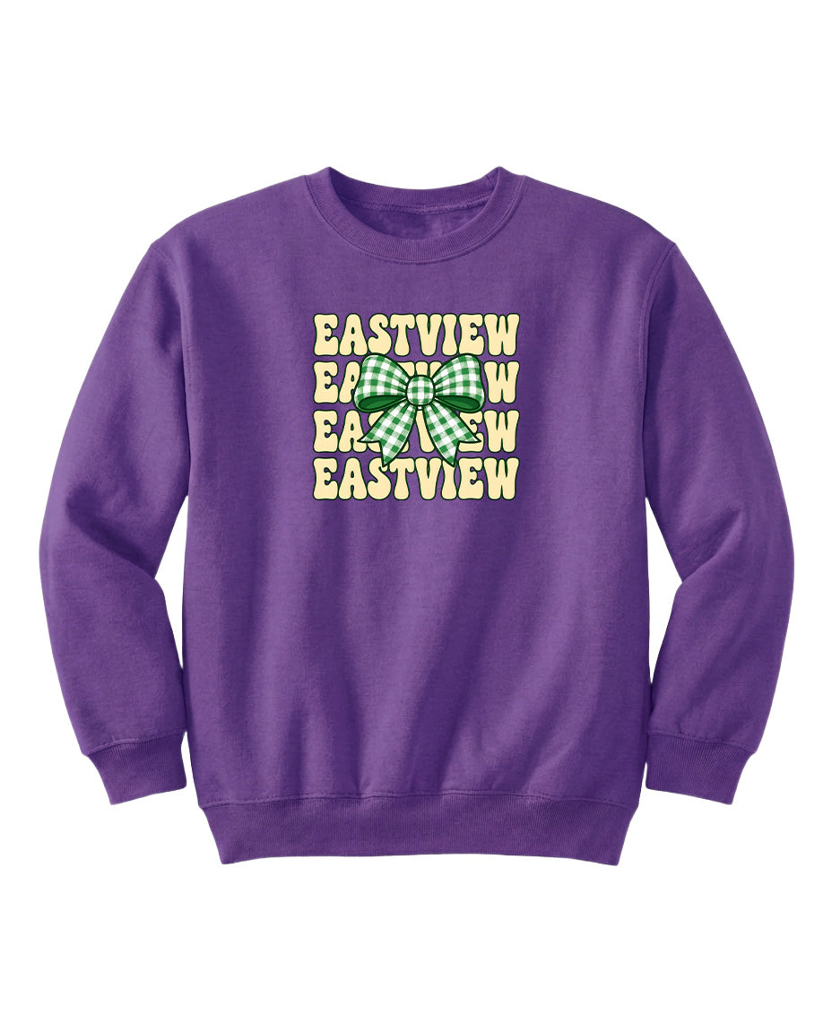 A purple sweatshirt with a graphic design featuring the text "EASTVIEW" repeated in a vertical pattern.