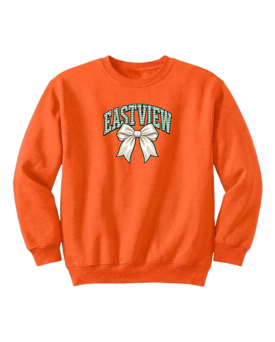 An orange sweatshirt with a white bow and the word "EASTVIEW" printed on it.