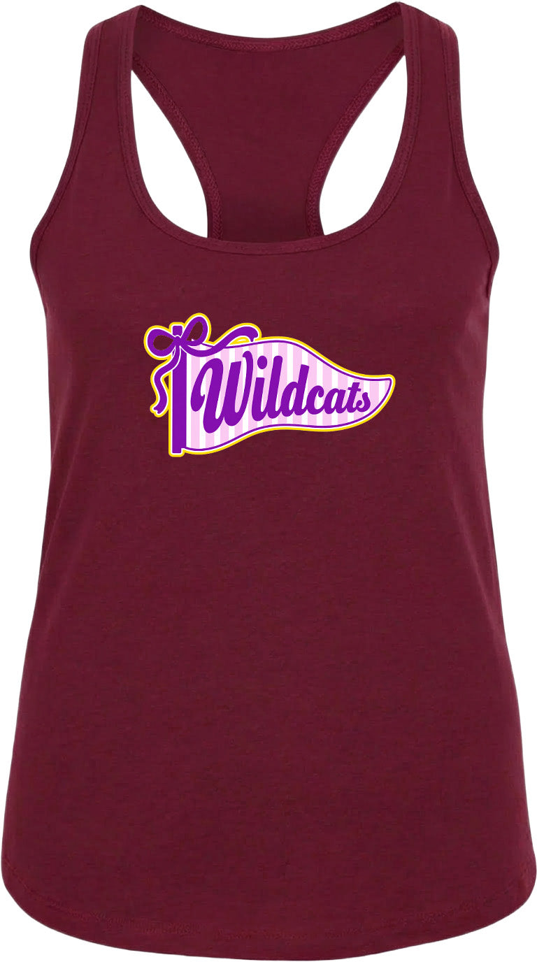 A burgundy tank top with a graphic design featuring the text "Wildcats" and a banner-like shape.