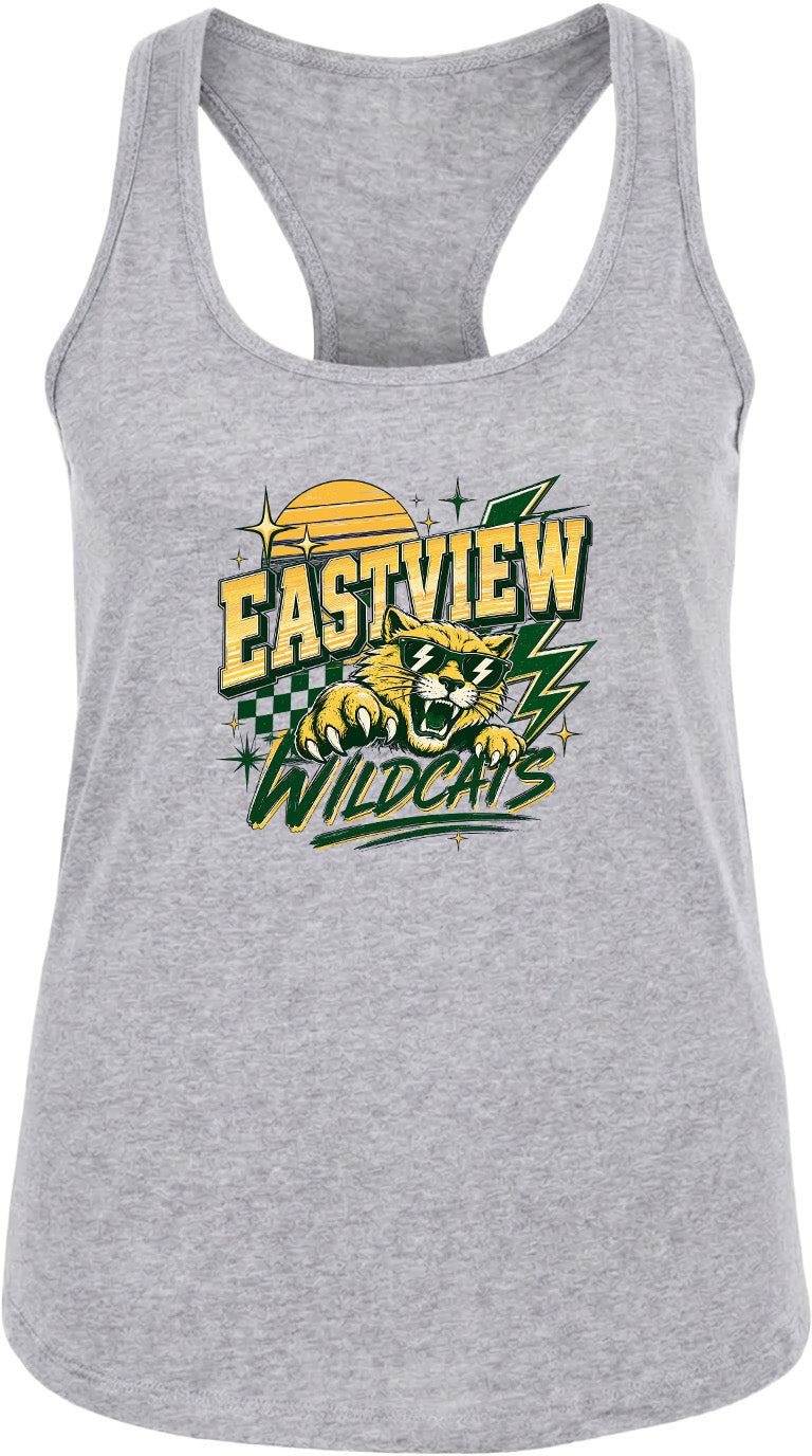 A gray tank top with a graphic design featuring a cat and the text "EASTVIEW WILDCATS" printed on it.
