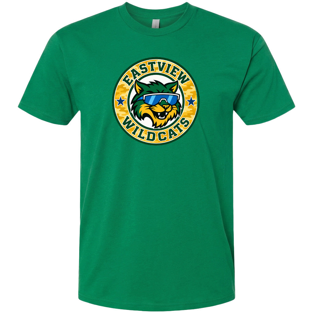 A green t-shirt with a graphic design featuring a cartoon-style cat wearing sunglasses and the text "EASTVIEW WILDCATS" around it.
