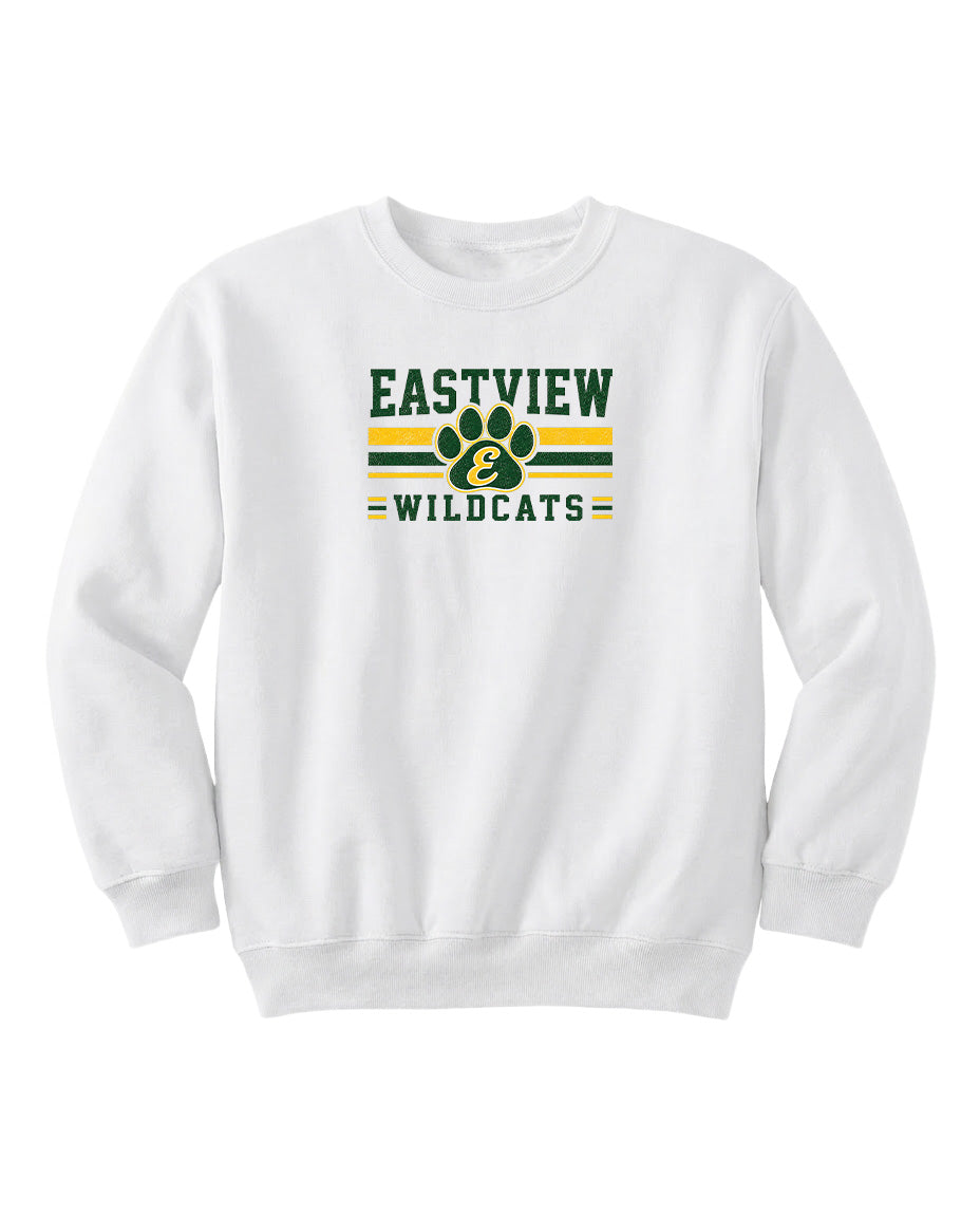 A white sweatshirt with a logo and text on it.
