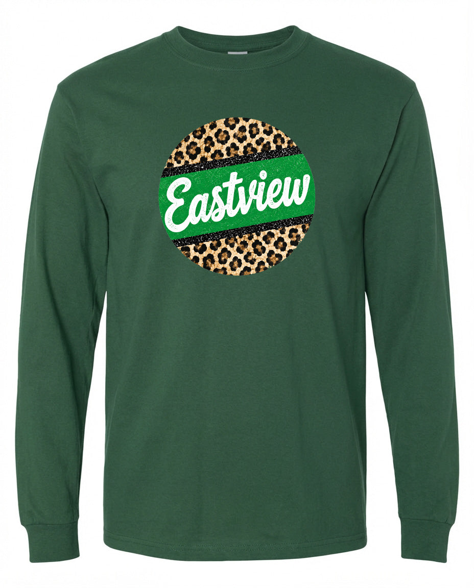 A green long-sleeved shirt with a leopard print design and the word "Eastview" printed on it.