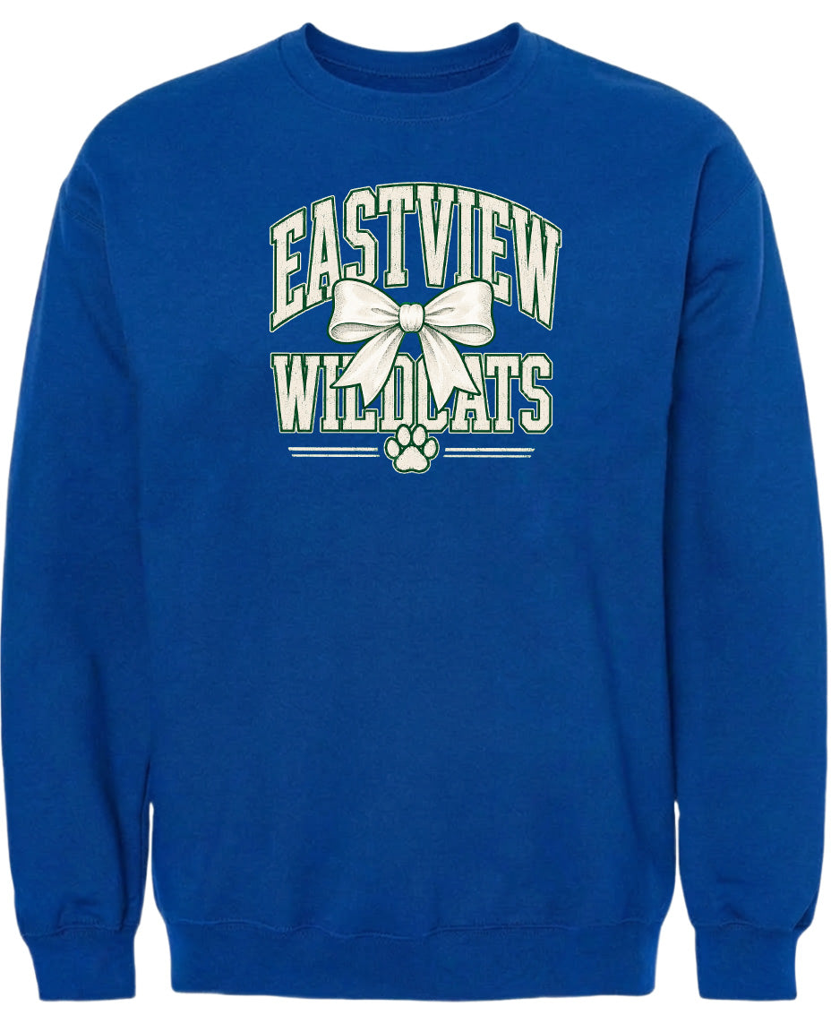 A blue sweatshirt with the text "EASTVIEW WILDCATS" printed on it.