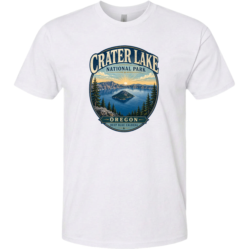 A white t-shirt with a graphic design depicting Crater Lake National Park in Oregon.