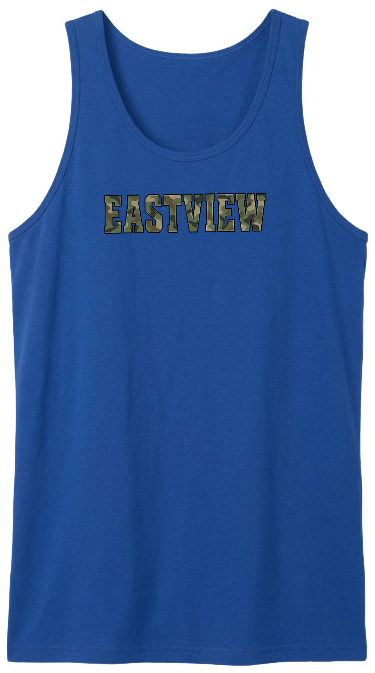 A blue tank top with the word "EASTVIEW" printed on it in a camouflage pattern.