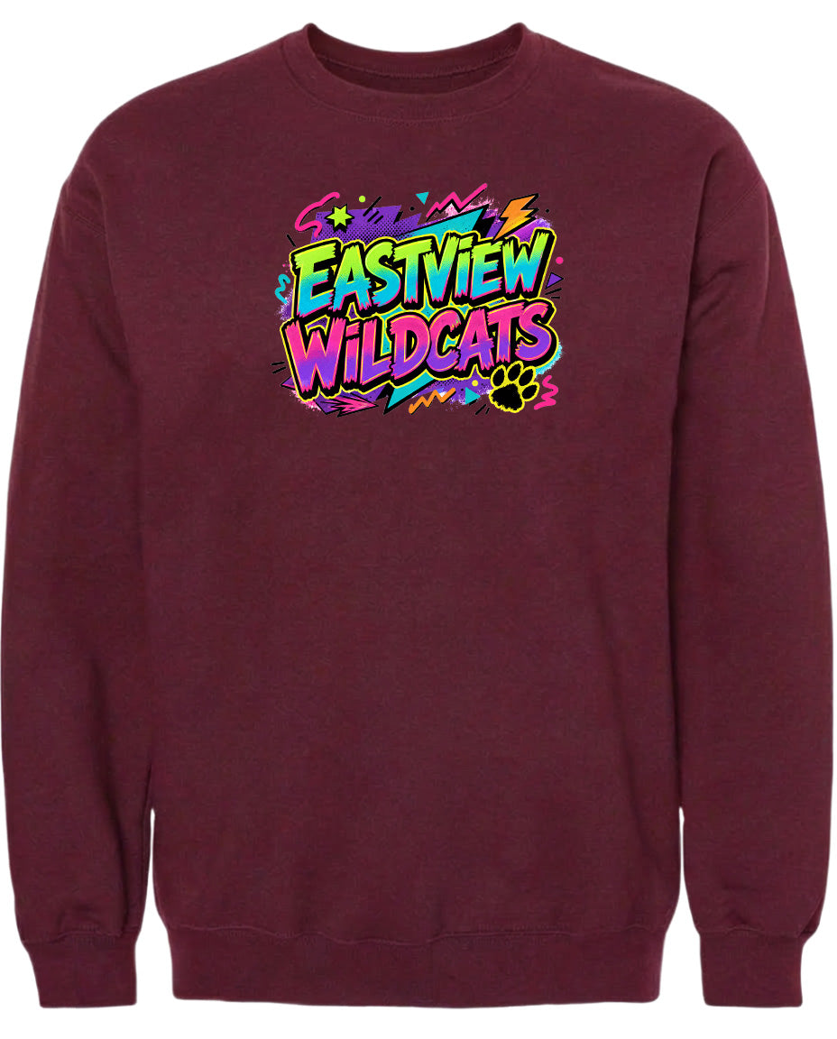 A burgundy sweatshirt with a colorful graphic design featuring the text "EASTVIEW WILDCATS" in a vibrant, graffiti-style font.
