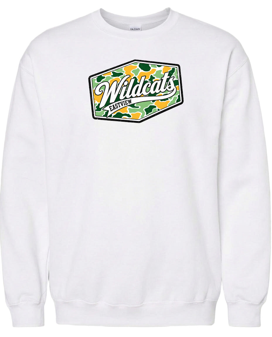 A white sweatshirt with a graphic design featuring the word "Wildcats" in a stylized font.