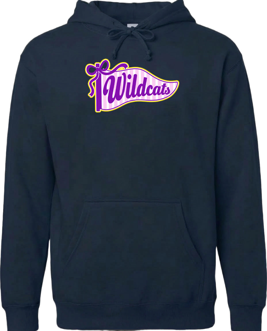 A navy blue hoodie with a graphic design featuring the word "Wildcats" in purple and yellow colors.