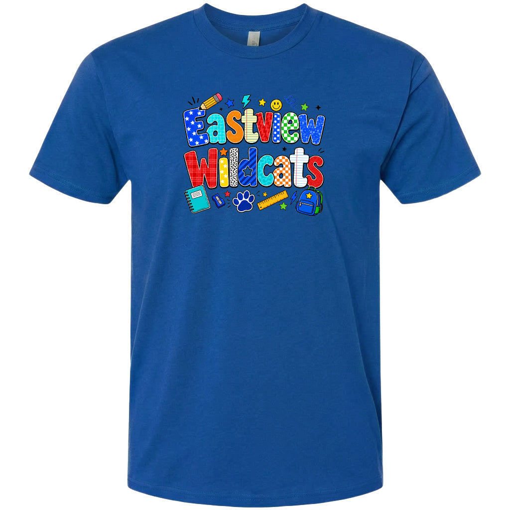 A blue t-shirt with the text "Eastview Wildcats" printed on it.