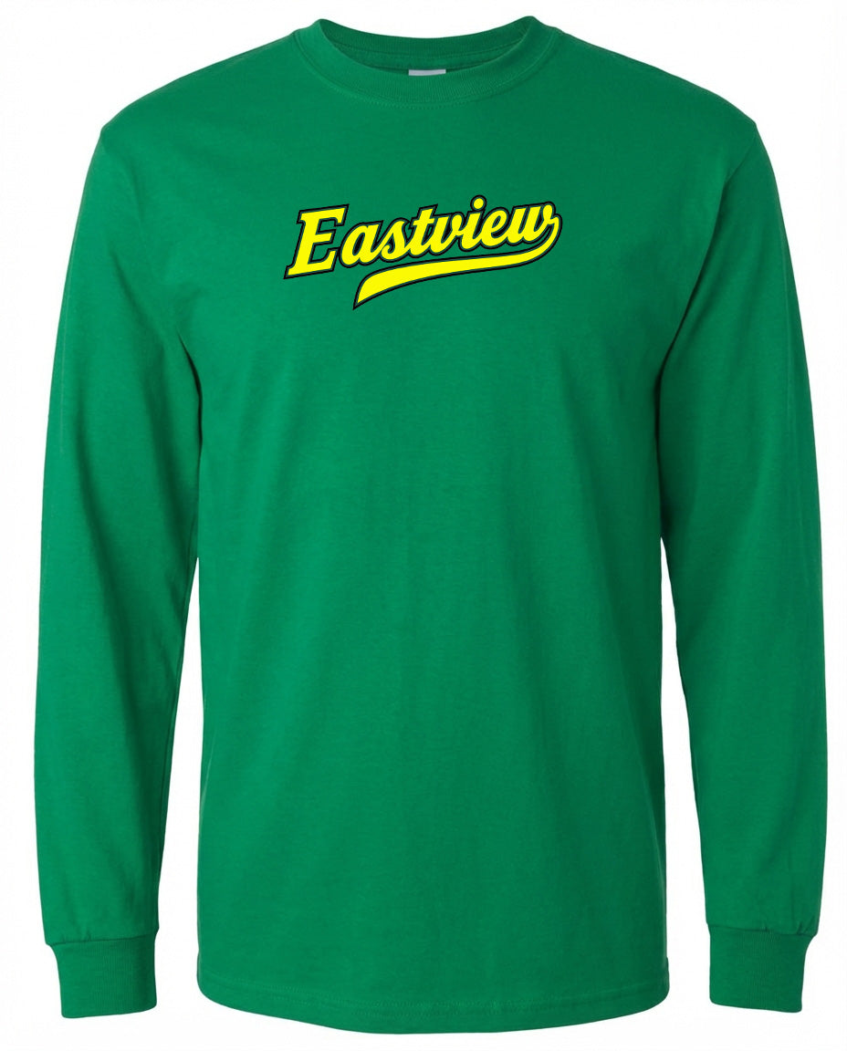 A long-sleeved green t-shirt with the word "Eastview" printed in yellow on the front.