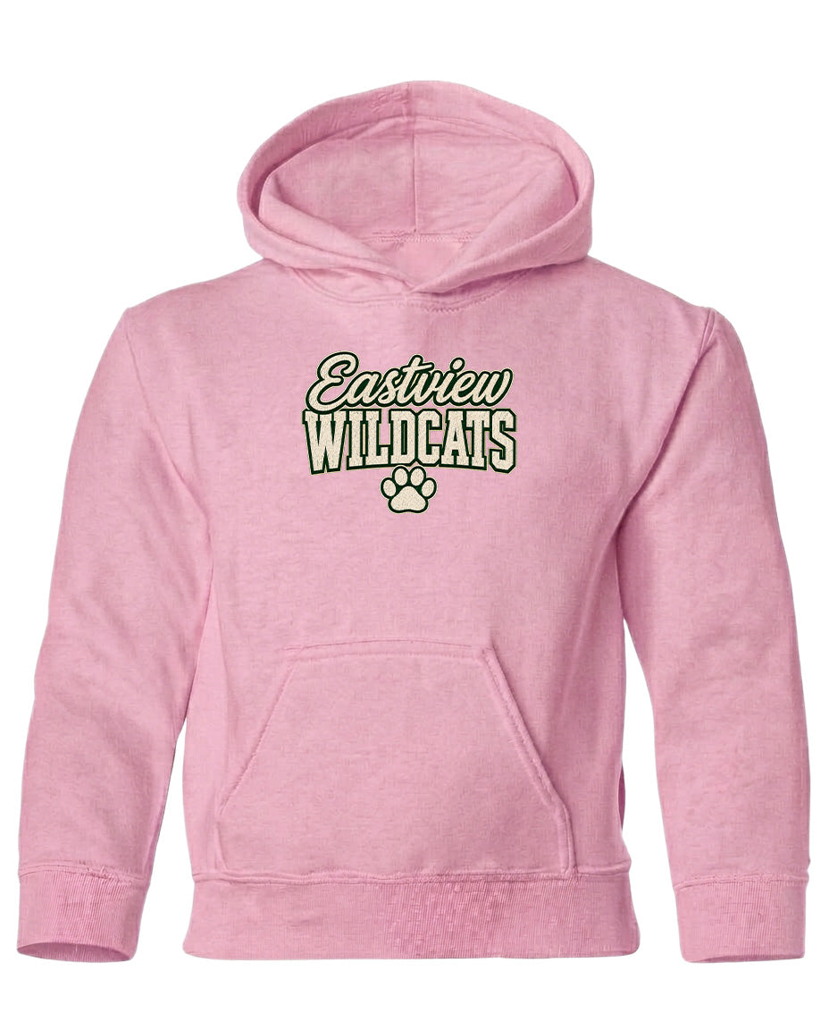 A pink hoodie with the text "Eastview Wildcats" printed on it.