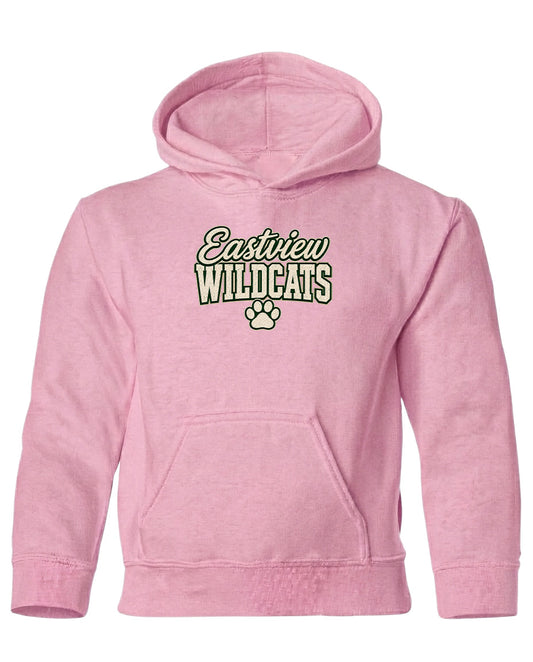 A pink hoodie with the text "Eastview Wildcats" printed on it.