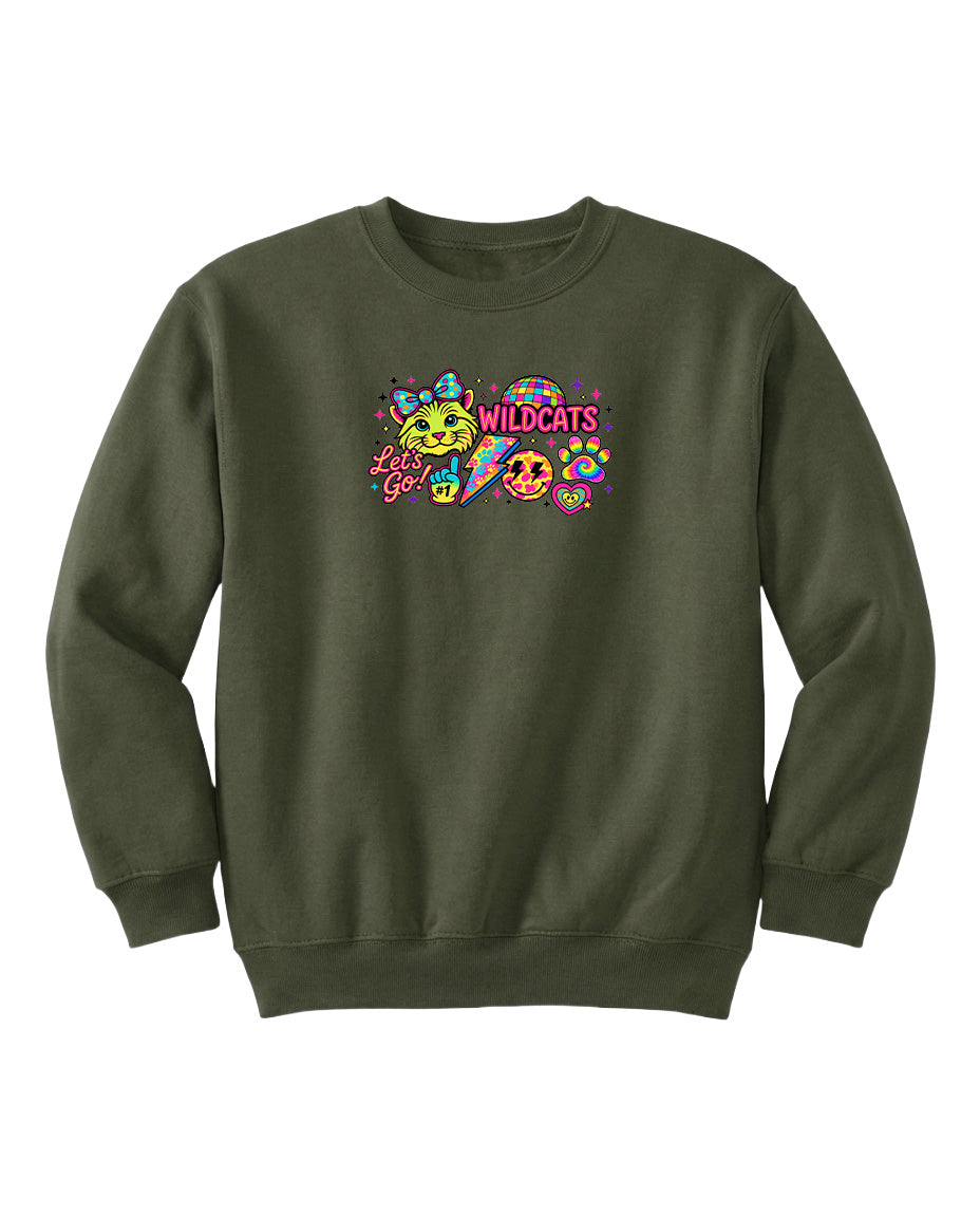 A dark green sweatshirt with a colorful graphic design featuring a smiling face, a rainbow, and the text "WILDCATS" prominently displayed.